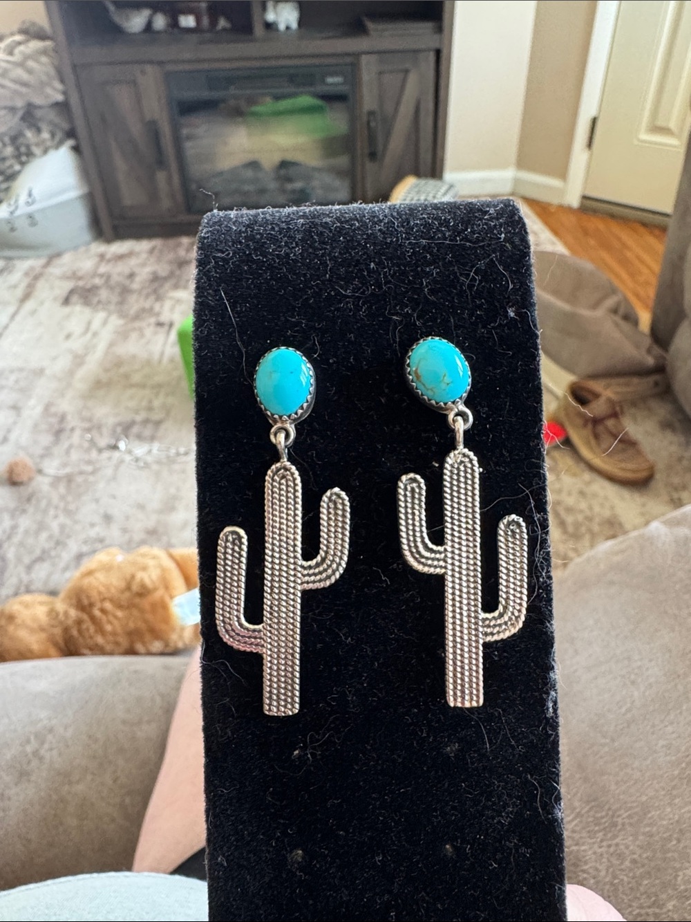 Turquoise Cactus Drop Earrings - Silver Tone